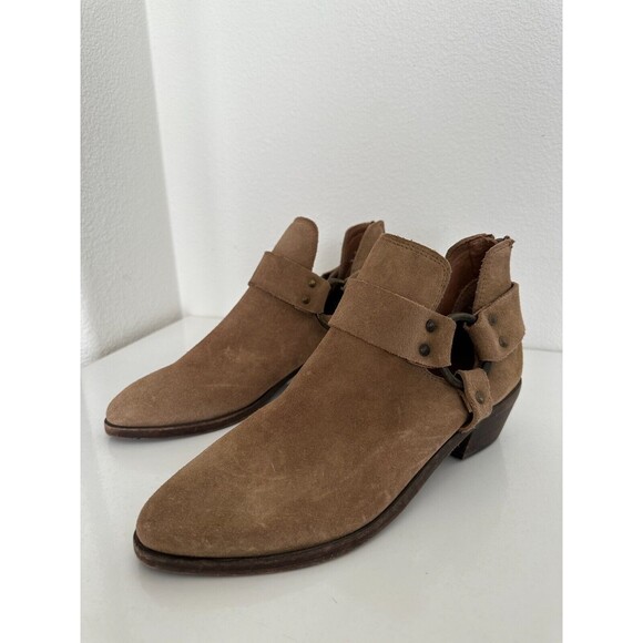 Frye Ray Harness Western Ankle Bootie Suede Brown Block Heel Biker Women's 7.5 - Picture 2 of 10